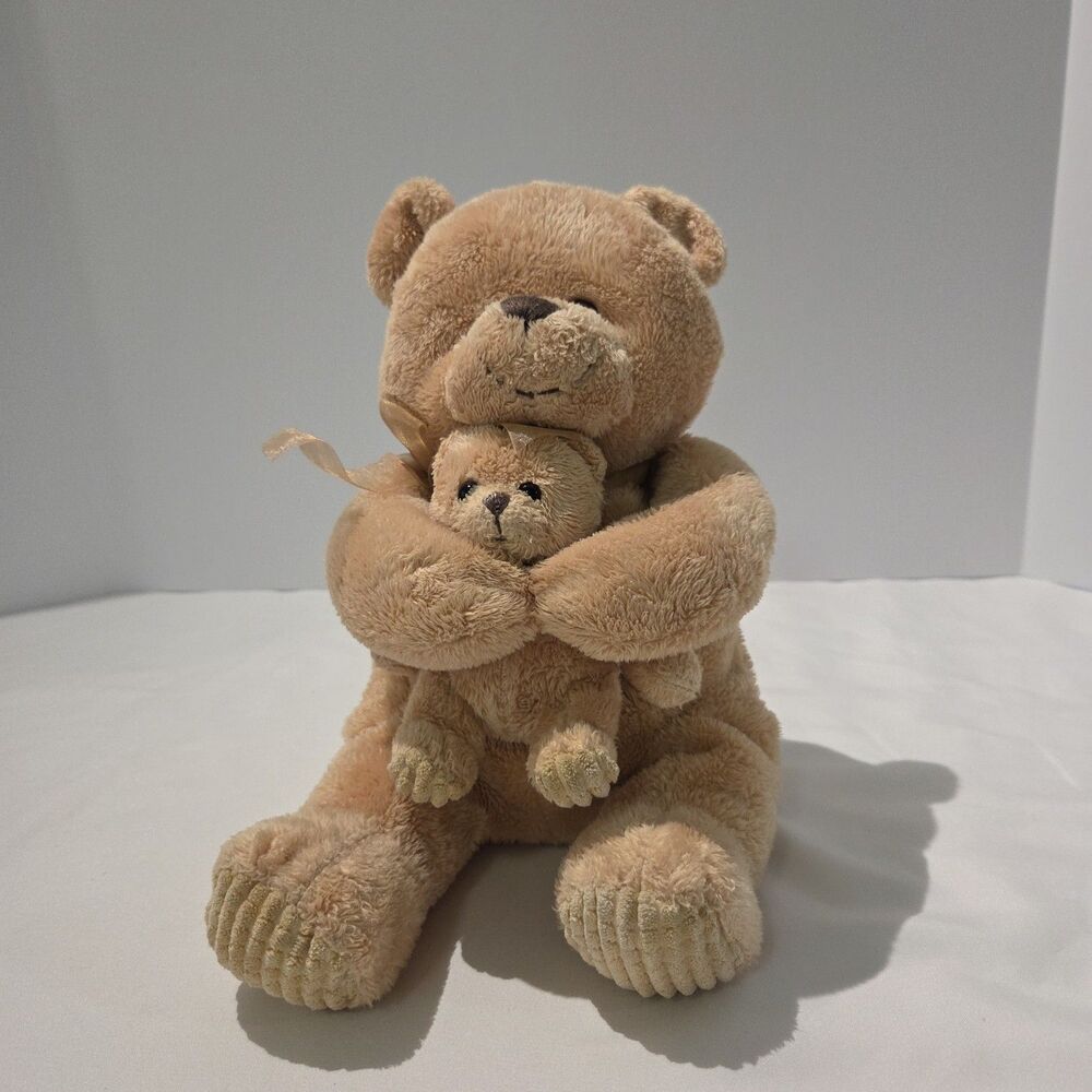 Animal Adventure Plush Bear Mom & Baby 2014 Brown Tan Bow Corduroy Feet Sitting